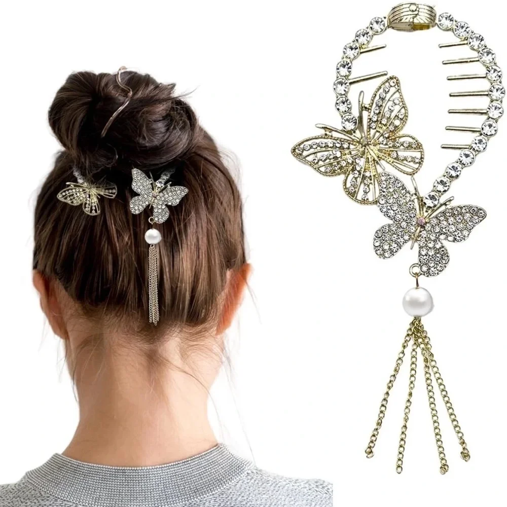 Butterfly Rhinestone Bun Hair Clip Gold